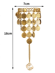 Detail of gold coin tassel slave bracelet showing 7cm width and 18cm total length