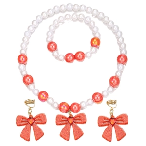 Handmade pearl jewelry set featuring orange bow pendants and red heart accents