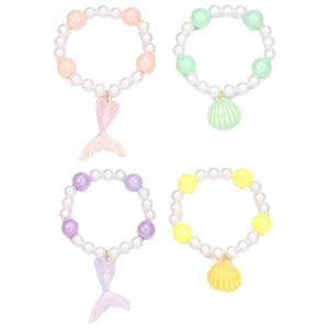 Kids pearl bracelet set featuring colorful mermaid tails and seashell pendants in pastel tones
