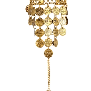 Bohemian gold coin headpiece jewelry featuring tiered dangling coins and a delicate chain link