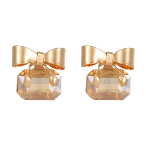 Elegant crystal bow earrings with gold finish and amber rectangle drop stones for women