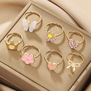Adjustable Kids Zinc Alloy Rings Crown Heart Butterfly Flower Enamel Rhinestone Faux Artificial Pearl Decorations Cute Jewelry