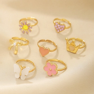 7pcs adjustable gold alloy rings for kids featuring flower heart and crown designs