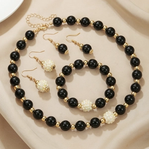 Fashion Women Beaded Jewelry Necklace Bracelet Hook Earrings Plastic Beads Gold Plated Black White Shamballa Style Accessory