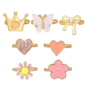 7-piece adjustable children's ring set with crown, butterfly, and flower designs