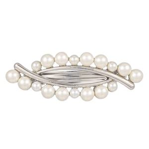 Minimalist silver metal hair clip with white pearls for women on white background