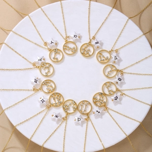 Fashion Zodiac Pendant Necklace Gold Plated Alloy With Rhinestone Double Layer Star Circle Pendants For Women Birthday Jewelry Gift