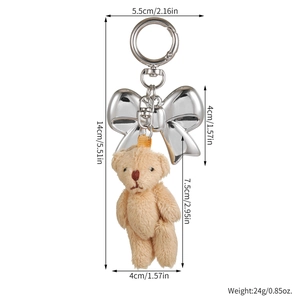 Detailed size specifications for teddy bear and silver bow alloy keychain pendant