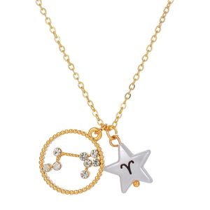 Golden Aries zodiac necklace with rhinestone circle and star pendant on white background