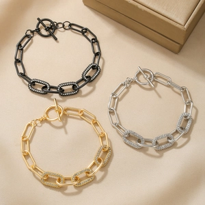 Women Chain Bracelet Alloy Rhinestone Oval Links Toggle Clasp Elegant Fashion Jewelry Minimalist
