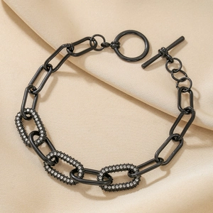 Chic black oval alloy link bracelet with sparkling rhinestones and T-bar toggle closure