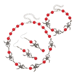 Gothik Spinne Schmuckset mit roten Perlen inklusive Halskette, Armband und Ohrringen