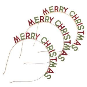 Close-up of Merry Christmas alloy headbands with red and green rhinestones