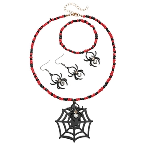 Halloween beaded jewelry set featuring spider and web charms with red and black accents