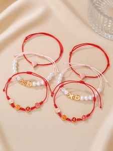 Detail von 6-teiliges verstellbares LOVE XOXO Armband-Set mit Perlen und Gold-Anhängern