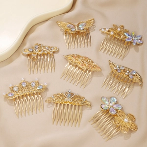 Lot de 8 peignes à cheveux dorés avec papillons, fleurs, perles et strass