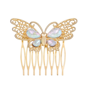Peigne à cheveux papillon doré élégant avec ailes évidées et strass colorés scintillants