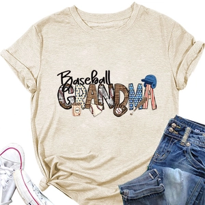 Detailed view of Baseball Grandma graphic print on a beige cotton blend casual T-shirt