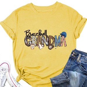 Flat lay of yellow Baseball Grandma T-shirt with casual blue jeans and white sneakers