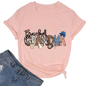 Detail of pink Baseball Grandma t-shirt with baseball themed print and denim jeans