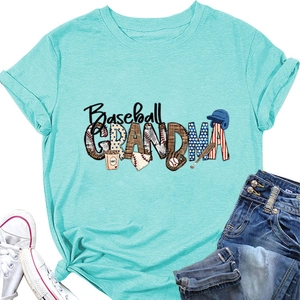 Detail view of lake blue Baseball Grandma t-shirt styled with denim jeans and sneakers