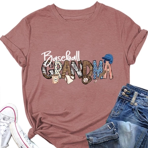 Detail of Baseball Grandma tee with leopard print motifs and denim jeans on white background