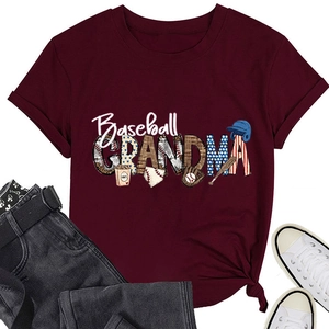 Detailed view of Baseball Grandma print on a maroon crew neck cotton t-shirt