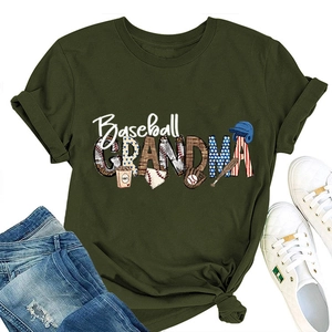 Detail of army green Baseball Grandma t-shirt styled with jeans and sneakers