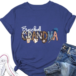 Close-up of Baseball GRANDMA navy blue t-shirt with sports illustrations and denim