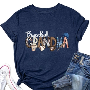 Flat lay of navy blue baseball grandma t-shirt with sneakers and denim jeans