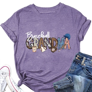 Flat lay detail of Baseball Grandma print on a lilac cotton t-shirt with denim jeans