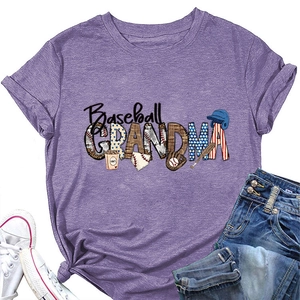 Detail of Baseball GRANDMA print on purple crew neck T-shirt with sports graphics