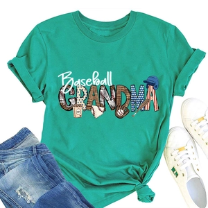 Flat lay detail of Baseball Grandma print on a turquoise crew neck short sleeve t-shirt