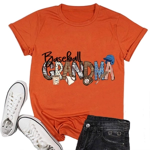 Detail of Baseball Grandma print on orange cotton T-shirt with vintage athletic icons