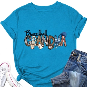 Detail of Baseball Grandma print on a bright blue short sleeve t-shirt for women
