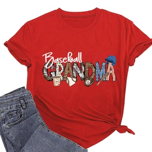 Detail of red Baseball Grandma T-shirt showing sports graphics and cotton texture