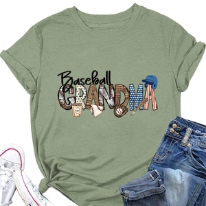 Close-up of sage green Baseball Grandma t-shirt with detailed sports themed graphic