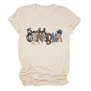 Detailed view of Baseball Grandma artistic print on light beige crew neck t-shirt