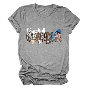 Detail of Baseball Grandma text print on a soft grey cotton crewneck casual t-shirt
