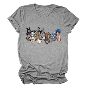 Detail of Baseball GRANDMA print with sports elements on a gray cotton blend t-shirt