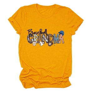 Close-up of Baseball Grandma print with leopard and star patterns on yellow cotton T-shirt