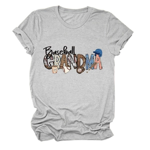 Detail of Baseball GRANDMA print with leopard and wood textures on grey cotton t-shirt