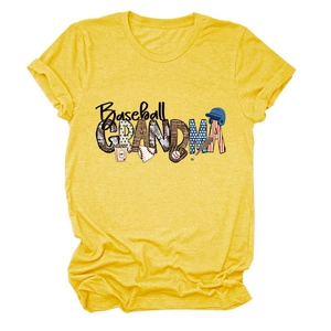 Detail of Baseball Grandma colorful graphic print on yellow crew neck casual cotton t-shirt