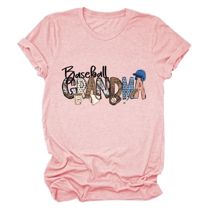 Detail of Baseball Grandma print on light pink t-shirt with leopard and stitch patterns