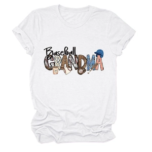 Close-up of Baseball Grandma colorful print on white cotton short sleeve crewneck t-shirt