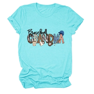 Detail of Baseball GRANDMA print with stars and stripes motif on light blue cotton T-shirt