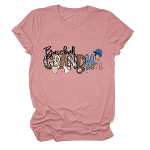 Close-up of pink Baseball Grandma t-shirt with leopard and stripe textured art print