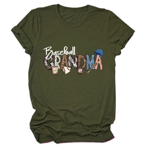 Close-up of Baseball Grandma print with leopard and stars patterns on olive green T-shirt