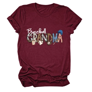Maroon Baseball Grandma graphic t-shirt with leopard print letters on white background