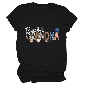 Detail view of Baseball Grandma print with leopard and American flag patterns on t-shirt